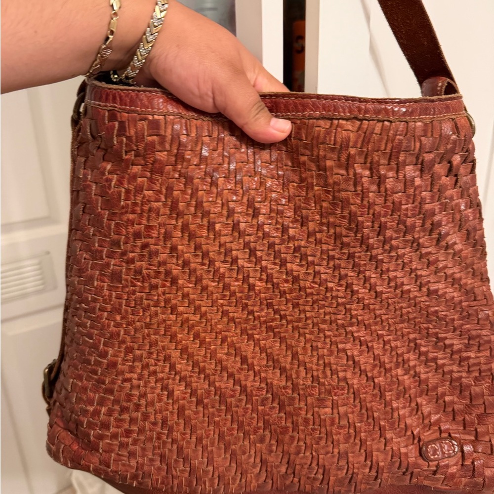Bed Stu Woven Leather Shoulder Bag in Chestnut Brown